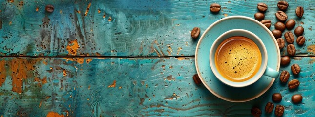 Espresso in a turquoise cup on a weathered blue wooden table with scattered coffee beans.