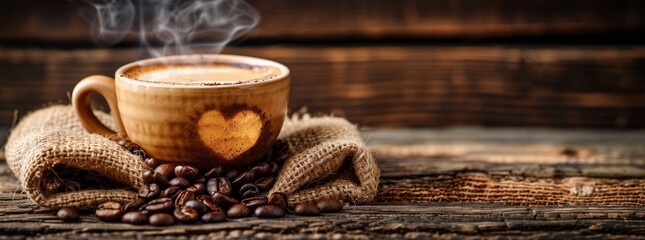 Fototapeta na wymiar A cup of fresh coffee with heart-shaped smoke, surrounded by coffee beans and spices on a rustic wooden table with burlap fabric.