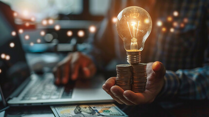 With a calculator in hand, a person stands atop a stack of coins holding a glowing light bulb, representing financial concepts and the cost of electricity. - obrazy, fototapety, plakaty
