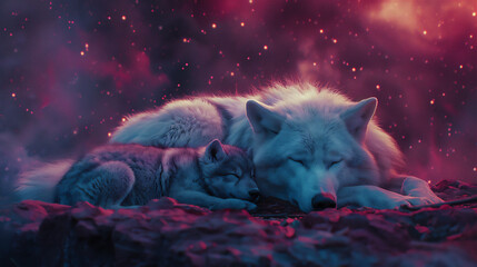 snow wolf sleeping with her cub, subject on the right, empty space on the left, night sky background full of pink aura. green, blue