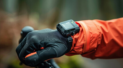 A macro shot of a compact activity tracker clipped onto a biking glove with a tiny display showing the cyclists cadence and speed. The tracker also provides detailed reports