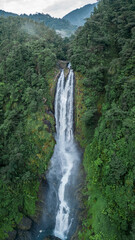 Vertical shot of a huge waterfall in the middle of the Costa Rican jungle surrounded by vegetation in the Barbilla National Park in indigenous territory
