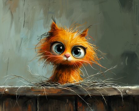kitty cat kitten big eyes sitting ledge still despicable spiky orange hair illustration dating wild hairs