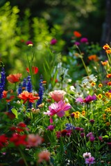 brightly colored flowers garden tree background wildflowers grasses dream covering eyes bees flying complementing color gardening soft edges flower bed bright sunshine