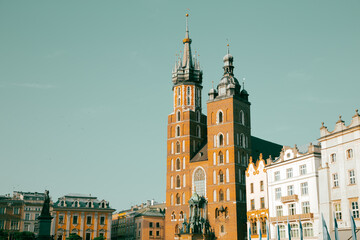 St. Mary's Basilica church at Rynek Glowny Main Market Square in Krakow, Poland