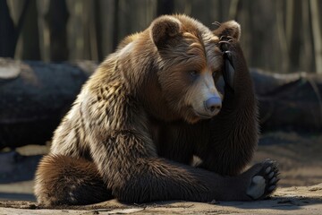 Fototapeta premium Bear sitting with his paw on his head as if in despair. concept emotions .