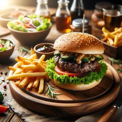 hamburger with cola and fries.