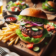 hamburger on a wooden table with fries