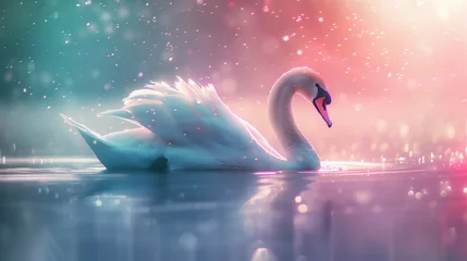 Foto op Aluminium White swan swimming, subject on the right, empty space on the left, night sky background full of pink aura. green, blue © Syukra