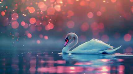White swan swimming, subject on the right, empty space on the left, night sky background full of pink aura. green, blue