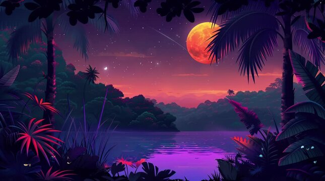 Luminescent Oasis: Fantasy Glowing Lake in the Enchanted Forest Under the Full Moon Night
 Seamless looping 4k time-lapse virtual video animation background. Generated AI