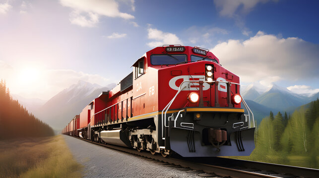 Captivating Image of a CP Rail Freight Train Cutting across Serene Natural Landscape.