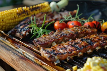Juicy grilled ribs and vegetables on BBQ - Mouthwatering barbecued pork ribs with smoky flavor, accompanied by grilled vegetables and corn on a wooden table - obrazy, fototapety, plakaty