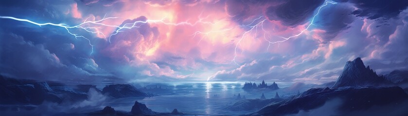Digital artwork of a dramatic seascape with lightning and pink sky - 755280048