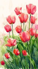 Obraz premium pink flowers grass tulip bright color tall strong walls neat drawing listing stunning