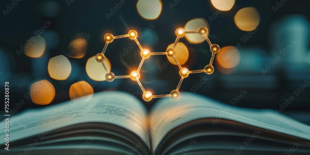 Poster illuminated molecular structure hologram hovering above an open textbook, symbolizing advanced scien