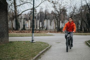 A focused young man enjoys a leisurely bike ride through a serene park on an overcast day, portraying a dedication to fitness and outdoor activity.