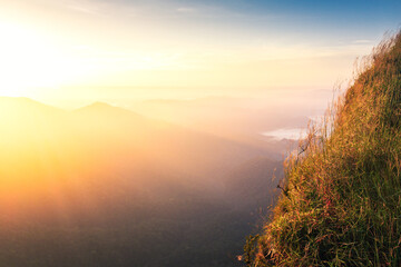 Panoramic scenery of mountains at sunset