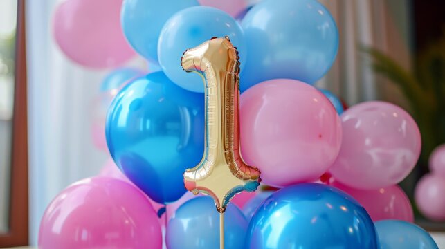 Gold number one foil balloon surrounded by pink and blue balloons for celebrations and milestones.