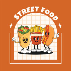 Banner or poster with fast food characters in retro groovy style. Trending vector illustration with fries, burrito and hot dog. For delivery, cafes and restaurants.