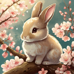 벚꽃 위에 앉아 있는 토끼