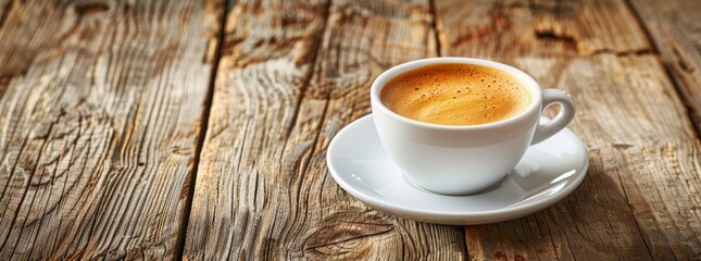 Freshly brewed coffee in a white cup on a rustic wooden table. - obrazy, fototapety, plakaty