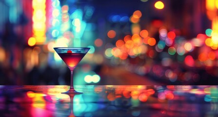 Cosmopolitan cocktail against a backdrop of vibrant city lights bokeh. - obrazy, fototapety, plakaty