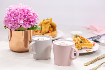 Romantic breakfast for your favorite taste of aromatic coffee and Waffles., a bouquet of pink