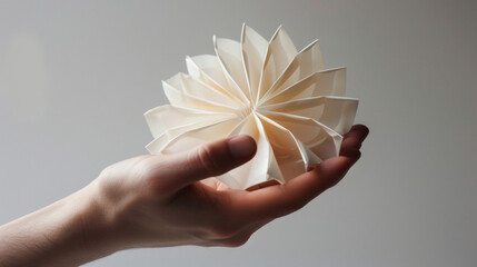 A hand holding a paper accordionlike structure with each fold strategically p to create a unique and complex shape.