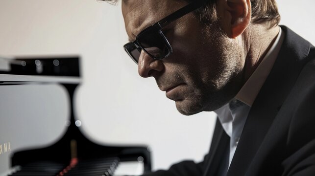 Portrait of a middle-aged man wearing sunglasses playing the piano on a white background, background image, generative AI