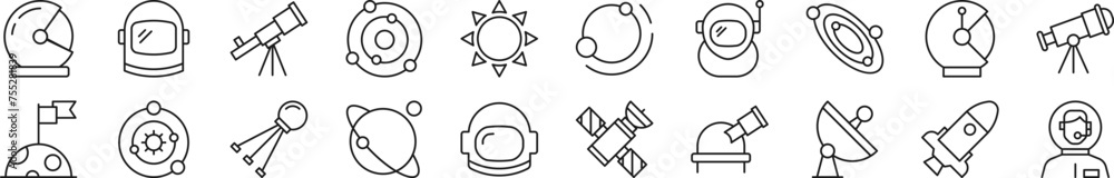 Poster collection of thin line icons of astronaut. editable stroke. simple linear illustration for web site