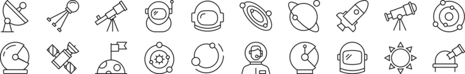 Pack of line icons of astronaut. Editable stroke. Simple outline sign for web sites, newspapers, articles book
