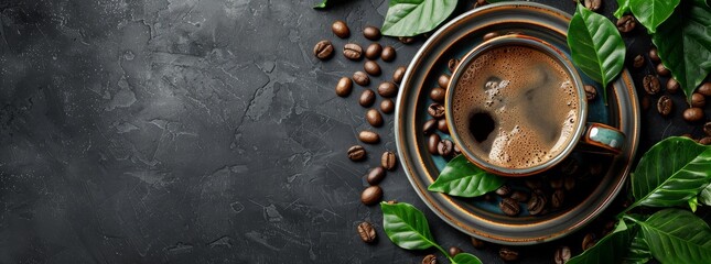 Espresso in a ceramic cup with coffee beans and green leaves on a dark stone background.