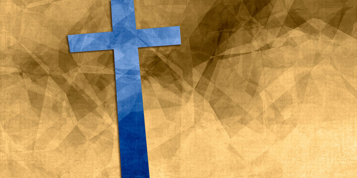blue Christian cross with slight shadow on tan and brown background texture with space for text like scripture, worship songs, titles...