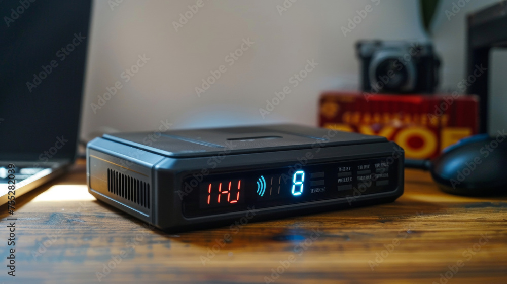 Poster the front of a portable battery charger showing a digital display of the remaining charge.