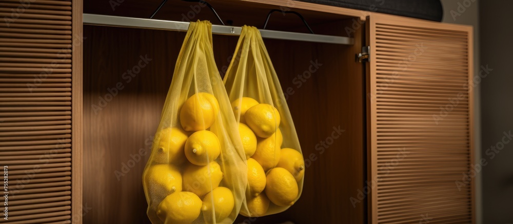 Poster a string bag filled with vibrant yellow lemons is suspended from a shelf attached to a wardrobe in a