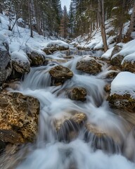 stream deep flowing snowy forest flow time complex shapes consumer electronics nature intertwined dissolving white rocks bone todays slavic features