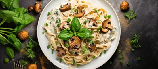 A comforting dish of pasta with mushrooms and basil, a staple food in Italian cuisine. The combination of ingredients creates a delicious and satisfying meal - obrazy, fototapety, plakaty