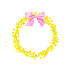 Watercolor wreath of mimosa and pink bow on white background. Round frame of spring flowers. Hand drawn botanical illustration. For packaging, postcards, printing, invitations, business cards
