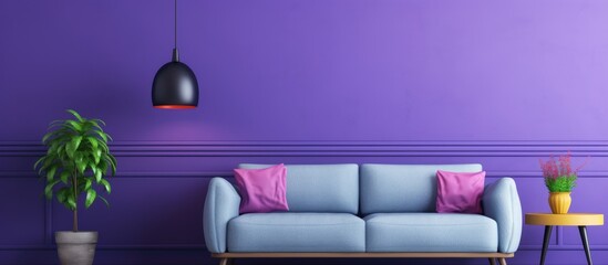 A contemporary living room featuring vibrant purple walls and a sleek blue couch as the main focal points. The room exudes a bold and stylish aesthetic with a modern design concept.