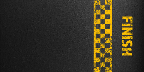 Asphalt road with yellow finish line marking, concrete highway surface, texture. Street traffic lane, road dividing strip. Pattern with grainy structure, grunge stone background. Vector illustration - obrazy, fototapety, plakaty
