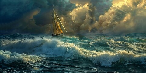sailboat stormy ocean sky stray realms clouded torrent hydrogen ray golden sunlight fear steams instinct fails ship - obrazy, fototapety, plakaty