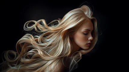 Foto op Plexiglas blond woman long hair profile against swirling scene pale extremely thick centered airy alluring girl blonde pink highlights portrait soft © Cary