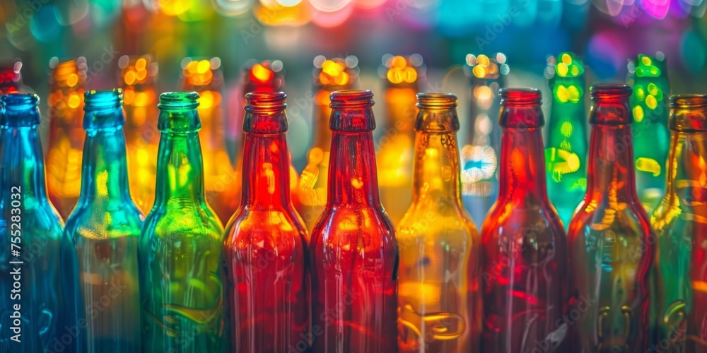 Poster assortment of empty glass bottles in vibrant colors against a bokeh light backdrop.