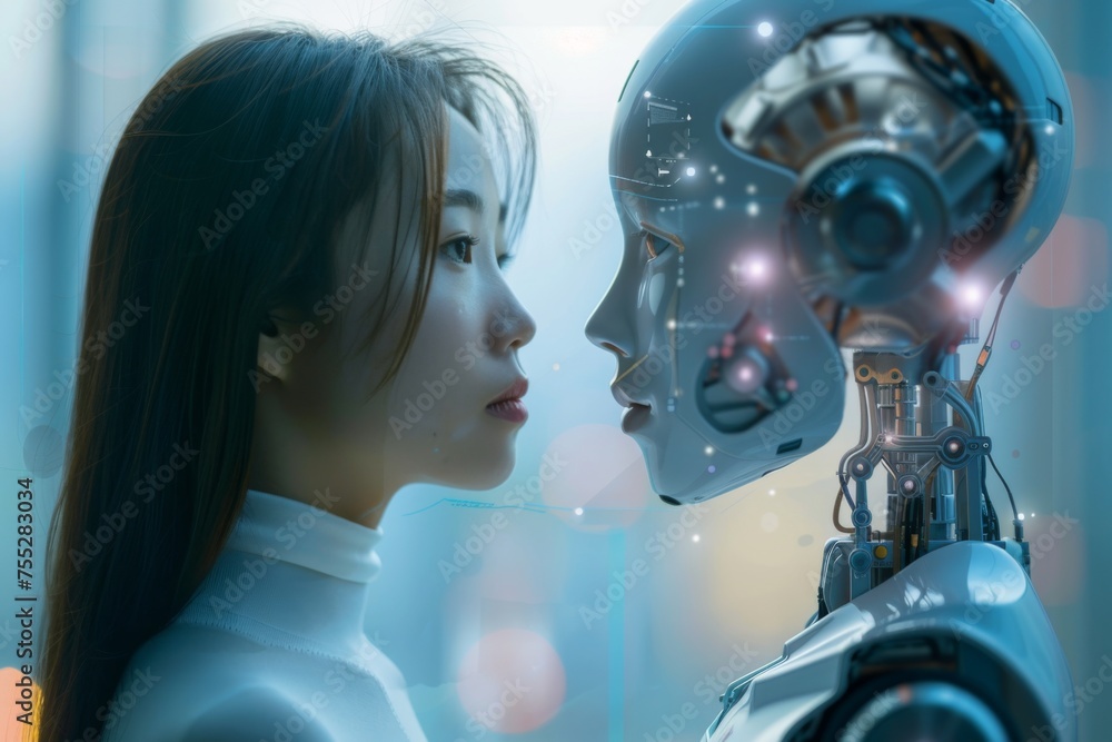 Poster human connection with an advanced robot - a conceptual scene where a human interacts intimately with