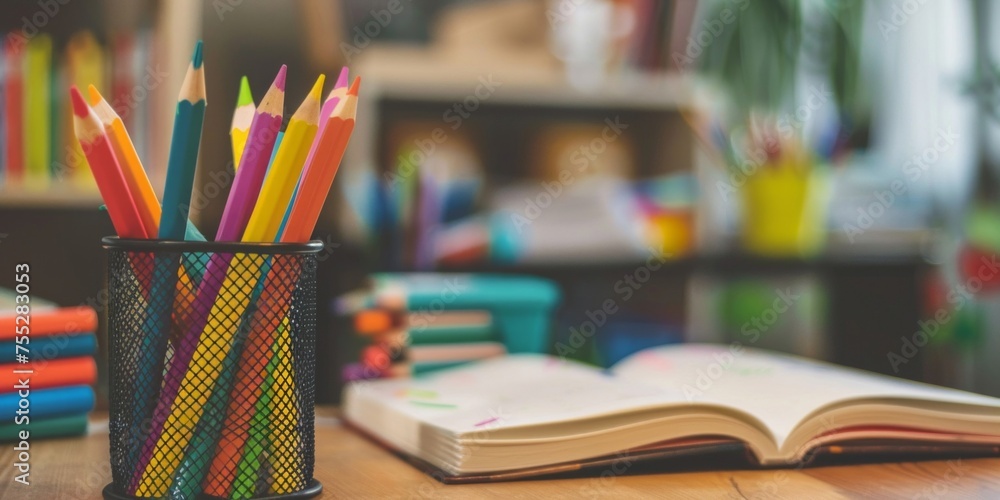 Poster a collection of multicolored pencils in a mesh container, set against a backdrop of notebooks and bo