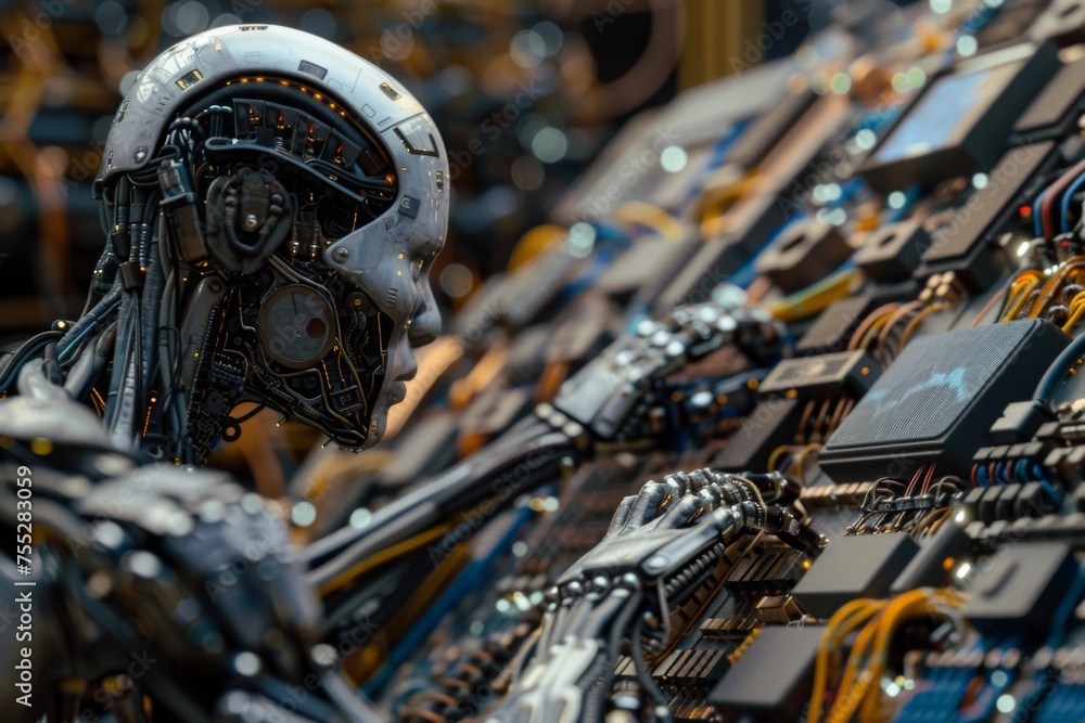 Poster robotic head amidst electronic components - close-up image of an android head embedded within a dens