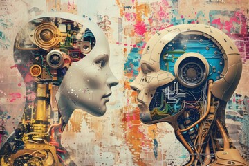 Robotic and human profile in artistic clash - Artwork representing the dichotomy between organic life and artificial intelligence
