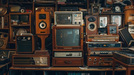 Vintage collection of televisions and radios - An assortment of old-fashioned televisions, radios, and speakers, evoking a nostalgic retro feel