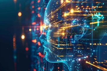 Obraz premium Cybernetic brain interface and connections - Futuristic visualization of a digital brain, implying advanced artificial intelligence and cybernetics